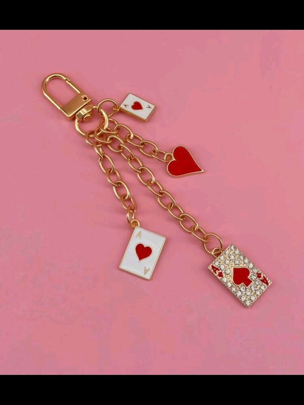 Gold-Tone Red Heart & Ace Card Charm Keychain
